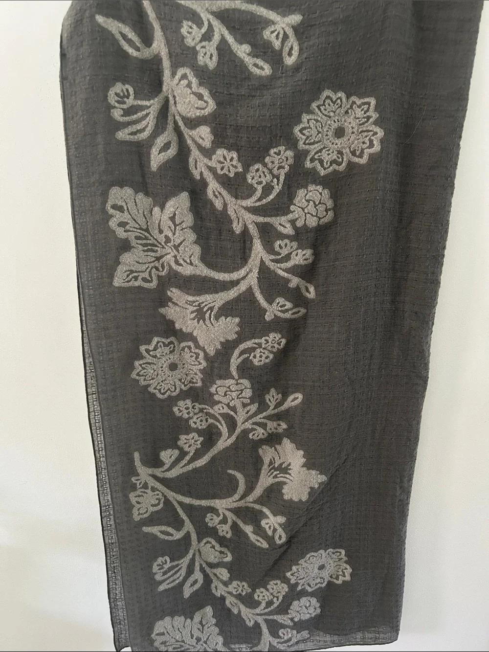 Pure Jill Gray Floral Embroidered Scarf Lightweight Drape Summer Evening Wrap